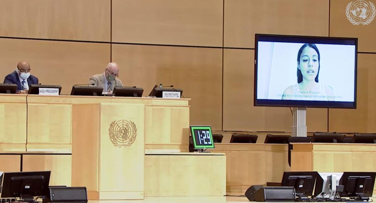Defensoria Edmundo Rice Project Manager Paola Miranda delivers an ERI statement via video at the UN Human Rights Council