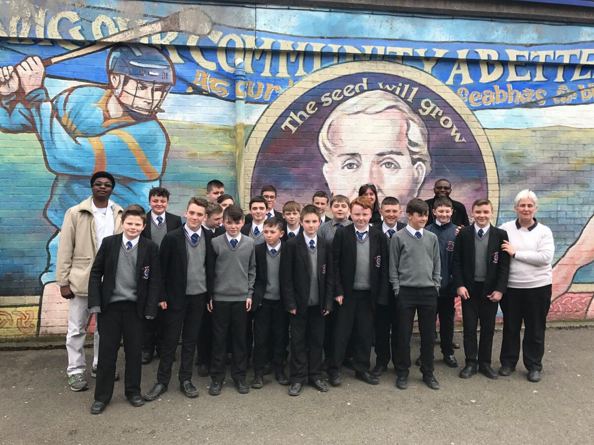 Br. Kephas Ndalama, Br. Tatenda Chimbima and Jenni Barrett (CEO) with staff and students from CBS Glen Road, Belfast